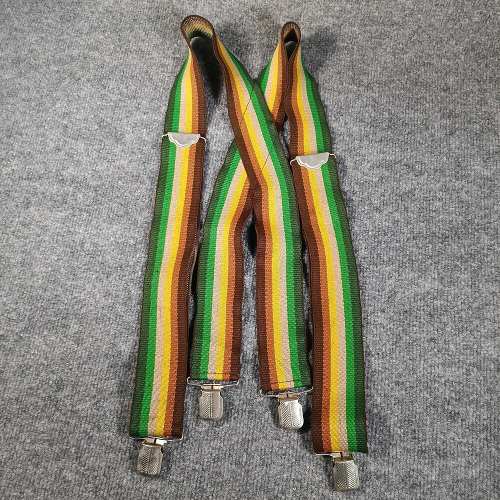 Pelican Suspenders Wide Elastic Men Brown Green Striped Heavy Duty VTG